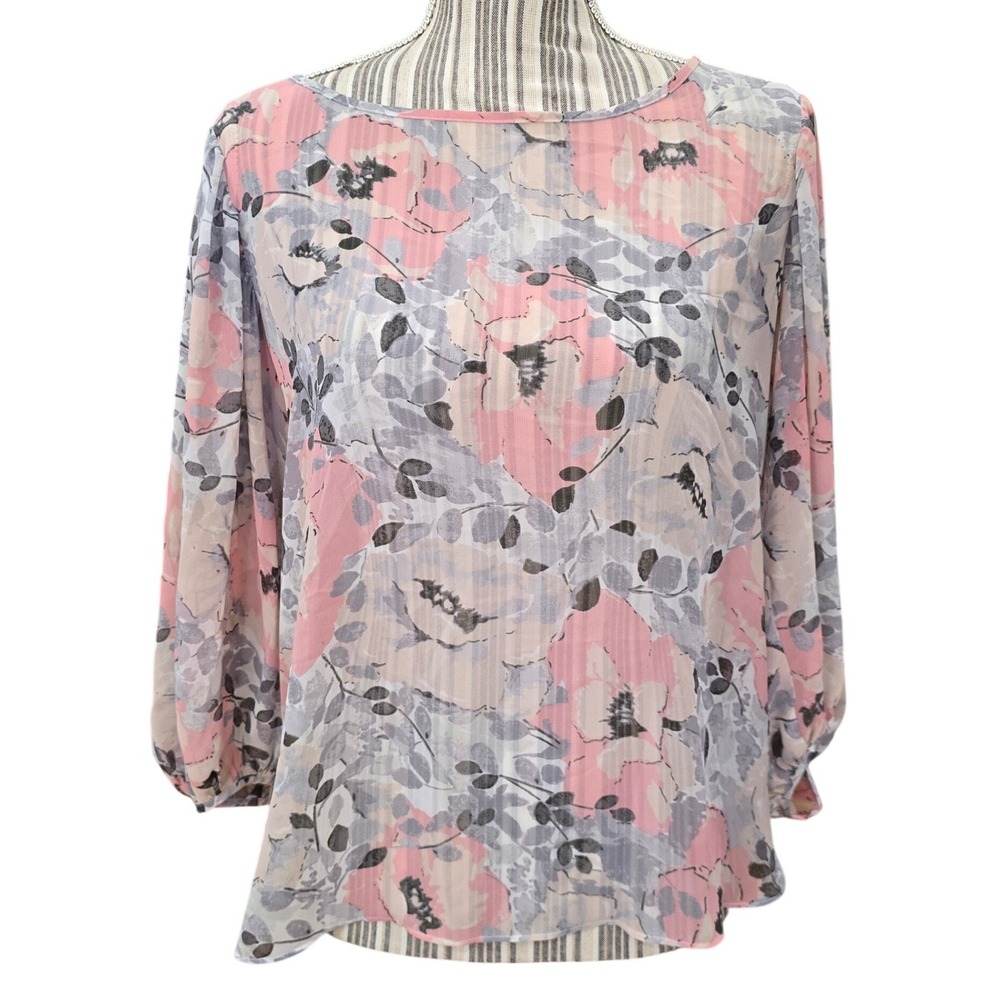 LC Lauren Conrad Pink Floral Chiffon Peasant Blouse Hi-Lo 3/4 Sleeve Womens Med - Picture 2 of 7